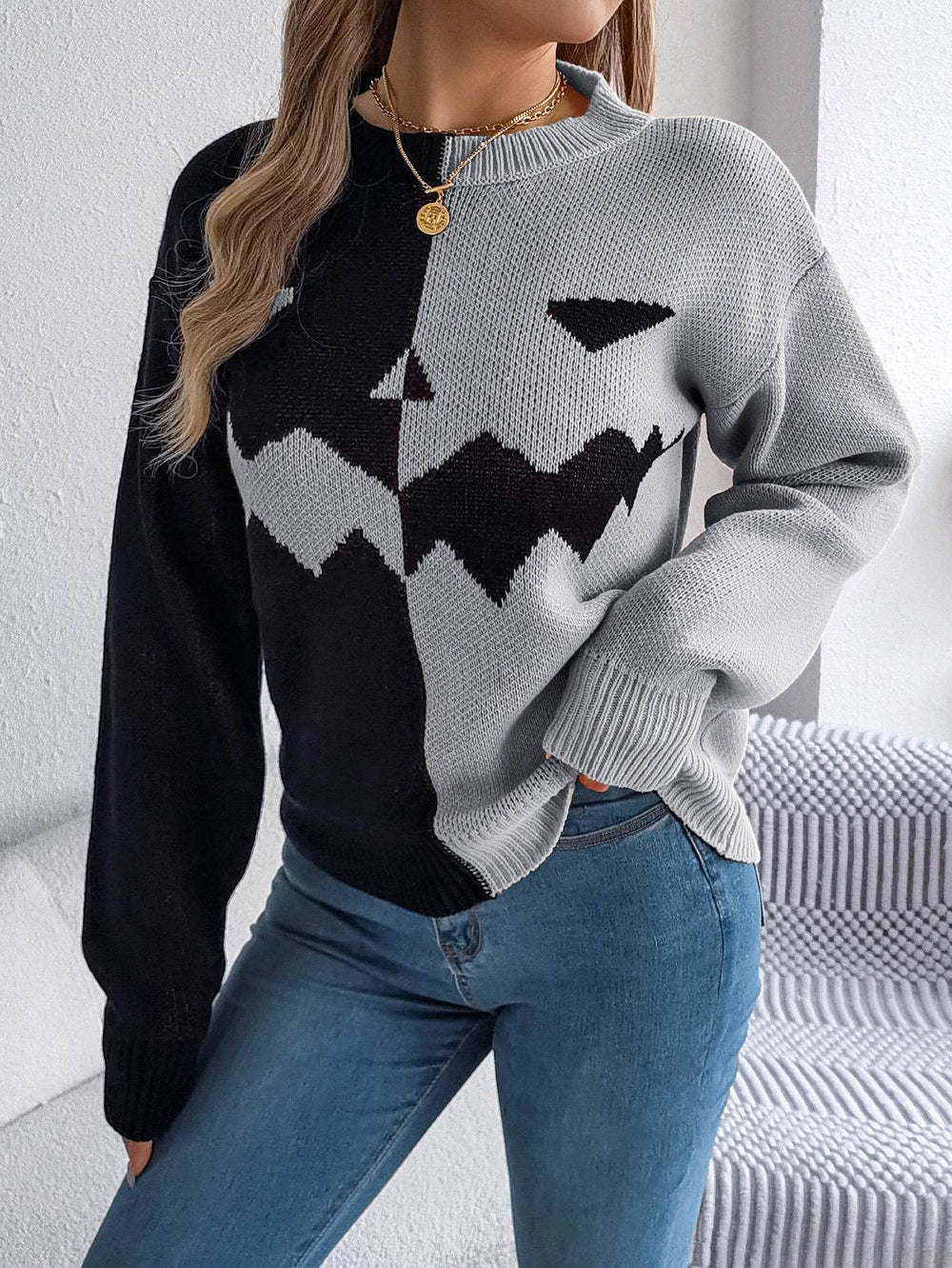Fall And Winter Halloween Spooky Pumpkin Contrast Long Sleeve Pullover Sweater Women's Clothing - EX-STOCK Canada