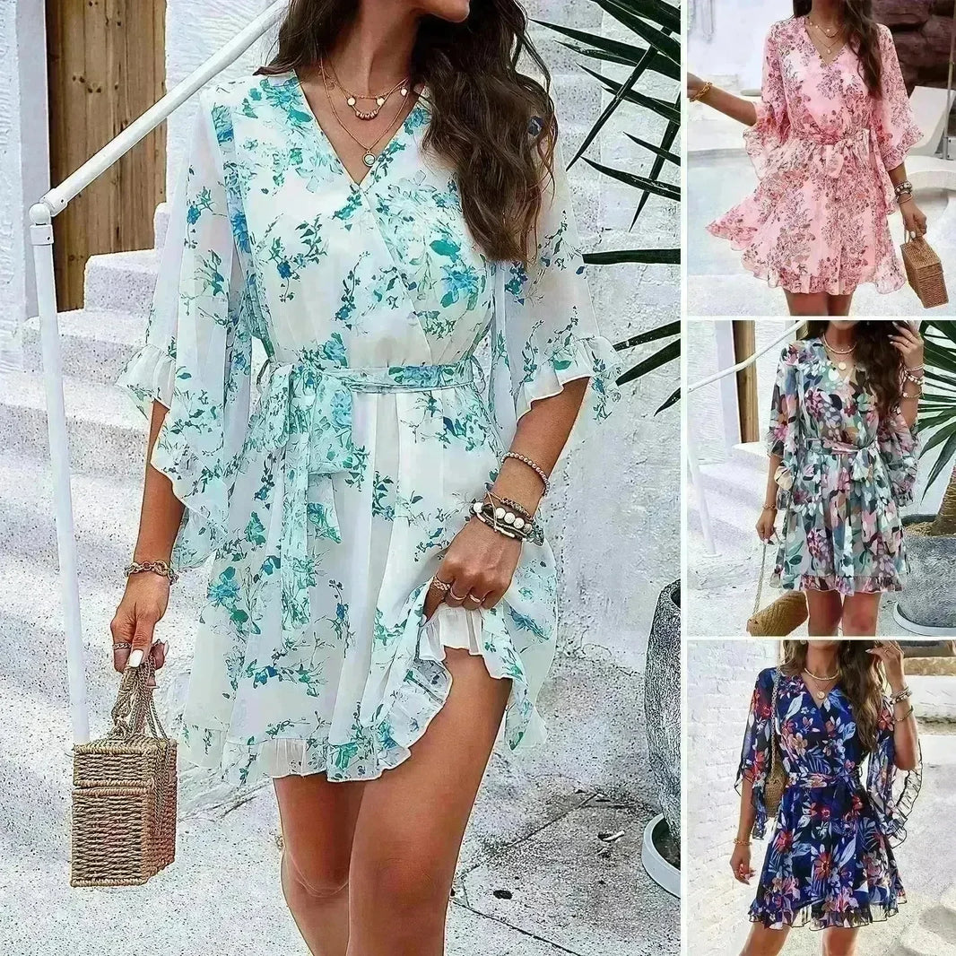 Casual Summer Chiffon Floral Print Short Sleeves Dress Lace Up Ruffles Design Fashion V-neck Short Mini Dresses Womens Clothing - EX-STOCK CANADA