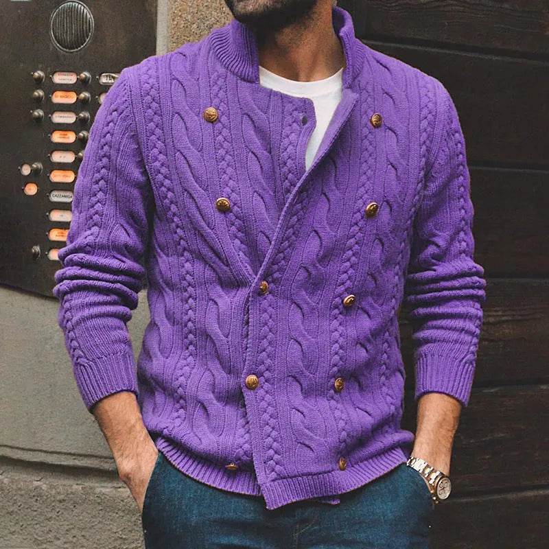 Men's Pure Color Half Collar Double-breasted Knitted Sweater Coat - EX-STOCK Canada