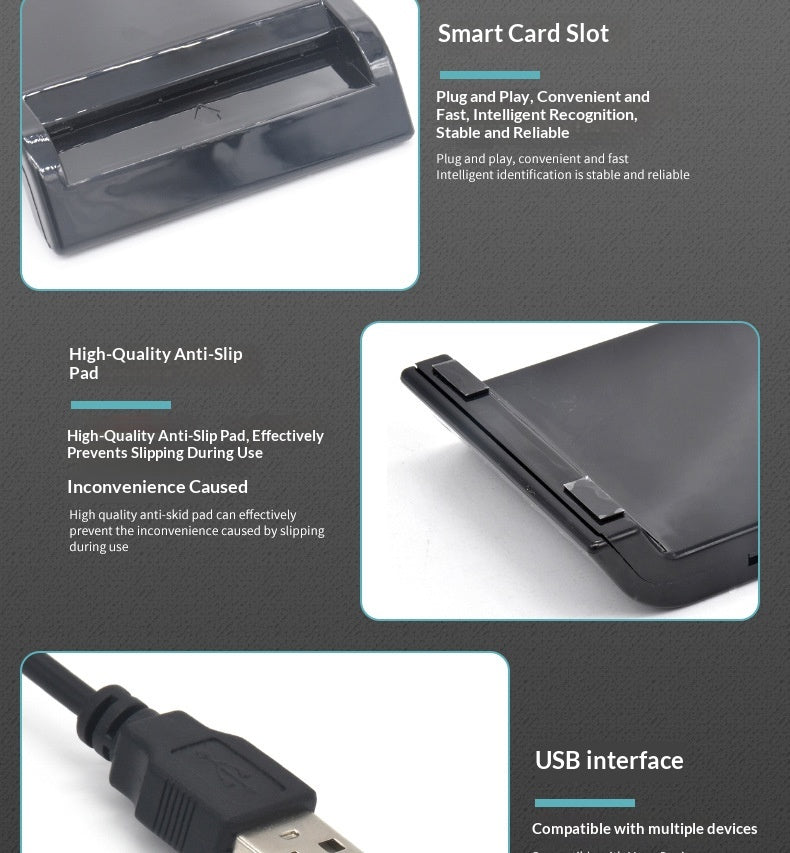 A product feature infographic on a dark gray background showing three panels: a black plastic card slot holder labeled 'Smart Card Slot', a black anti-slip pad labeled 'High-Quality Anti-Slip Pad', and a USB connector labeled 'USB interface'.