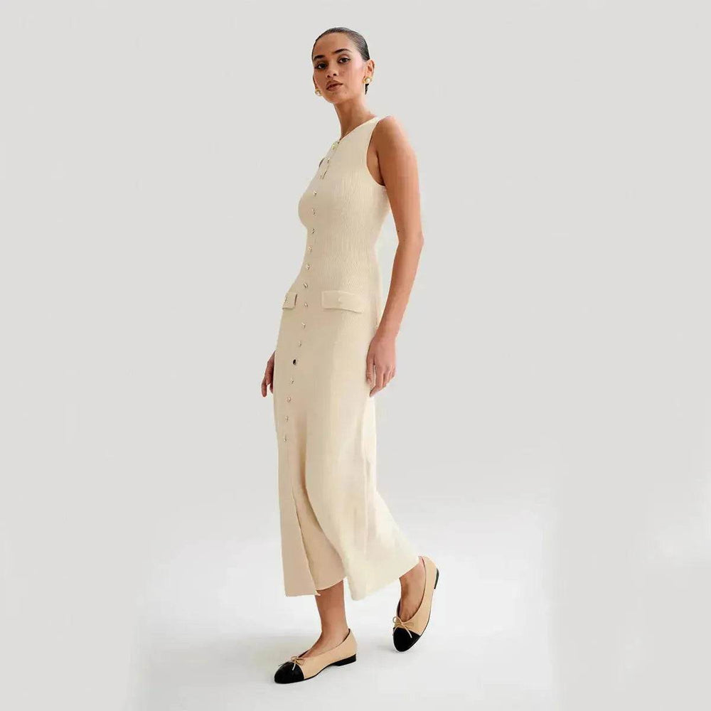 Elegant Knitted Sleeveless Dress With Single Breast Fashion Slim Round Neck Long Dresses Womens Clothing - EX-STOCK Canada