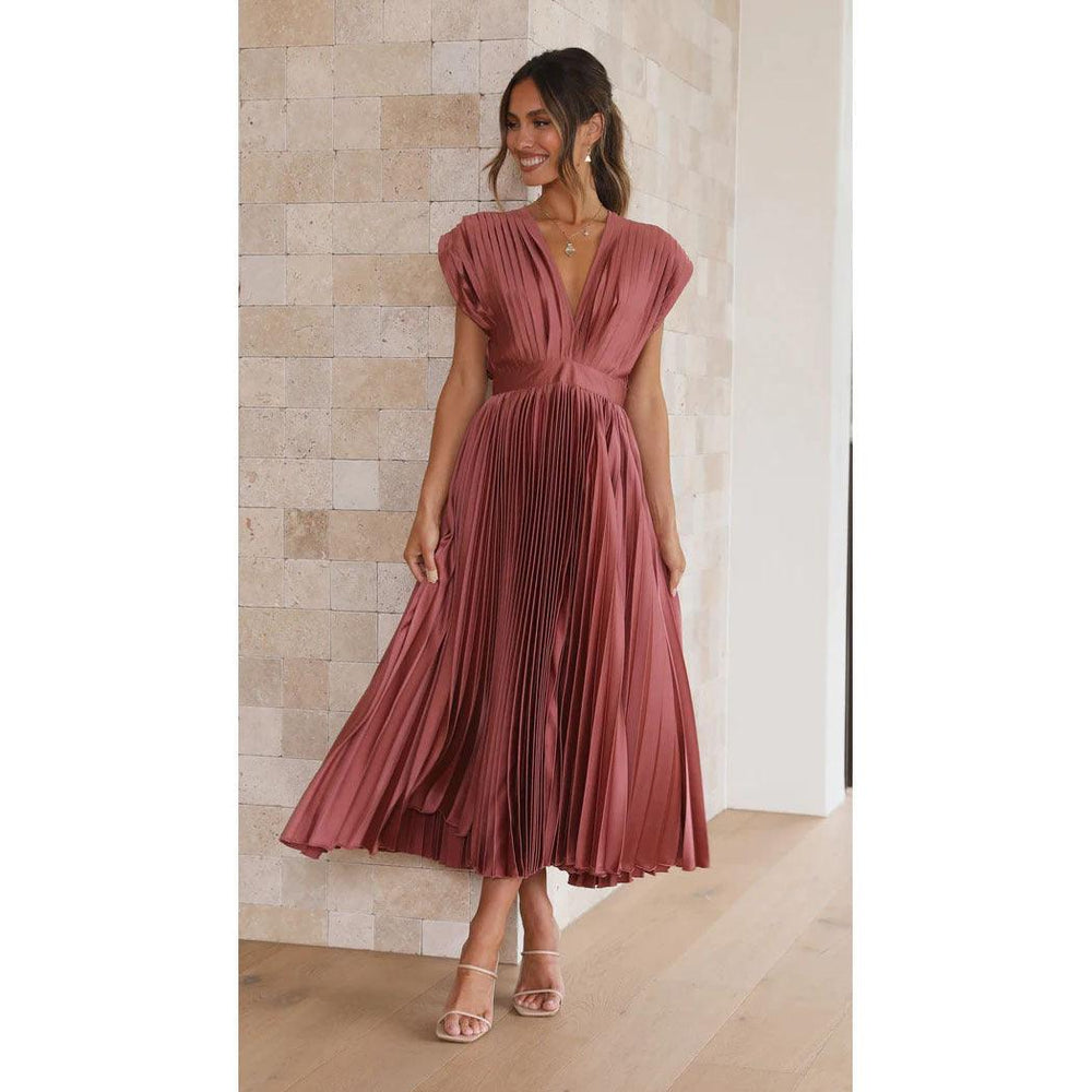 Robe d'été plissée à col en V Mode INS Décontractée Ample Robe sans manches avec fermeture éclair pour femmes Vêtements