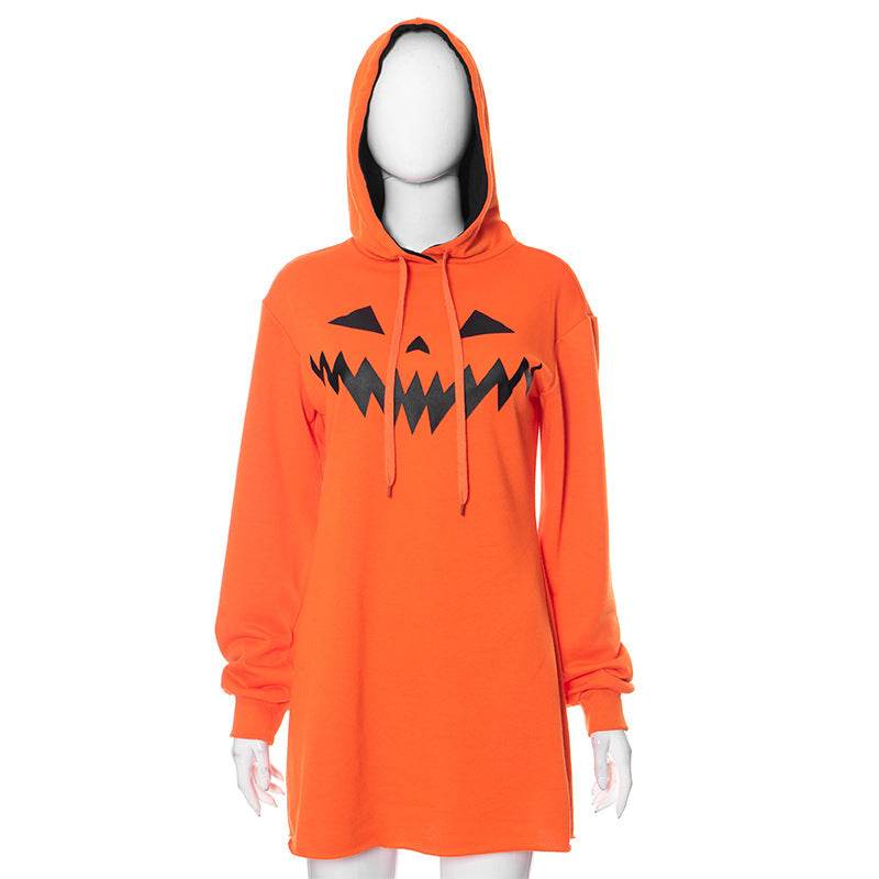 Halloween Costume Pumpkin Print Long Sleeve Hoodie Dress - EX-STOCK Canada