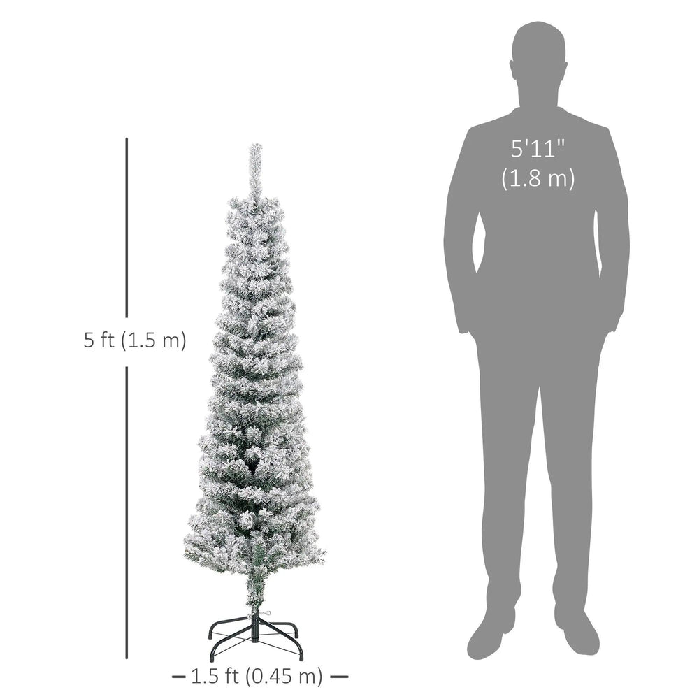5ft Flocked Christmas Tree, Pencil Christmas Tree With Realistic Branch Tips, Folding Metal Stand, Green EX-STOCK Canada