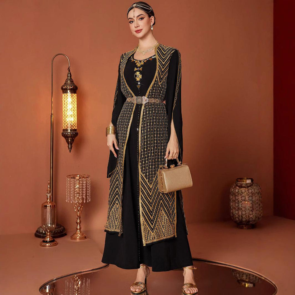 Arabic Vintage Gold Embroidered Black Fake Two Pieces Robe - EX-STOCK Canada