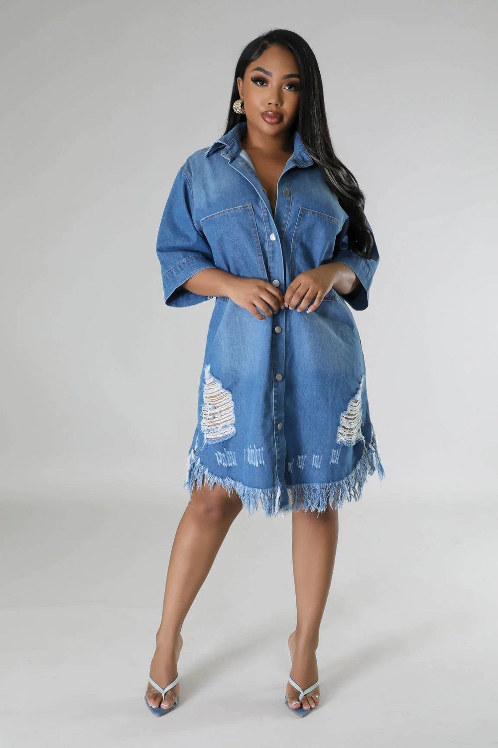 Women's Fashion 3/4 sleeve Mid Length loose Denim Jeans Dress - EX-STOCK Canada