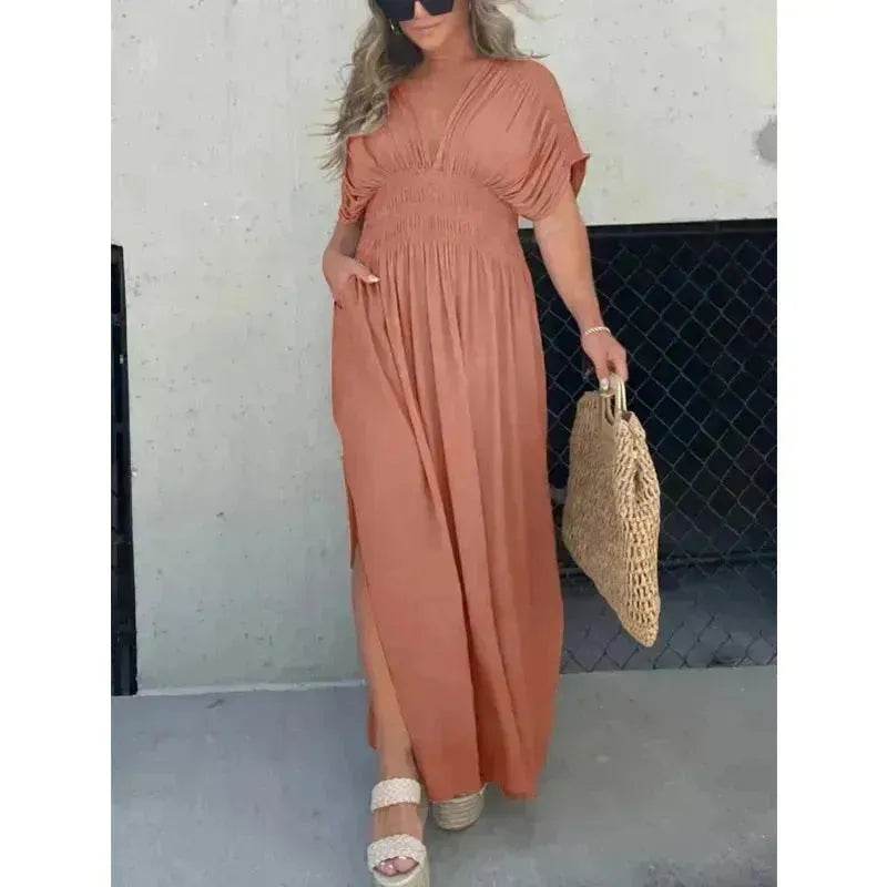 Fashion Bat-sleeved V-neck Slit Dress Summer Beach Short Sleeve Elastic Waist Split Long Dresses Womens Clothing - EX-STOCK Canada