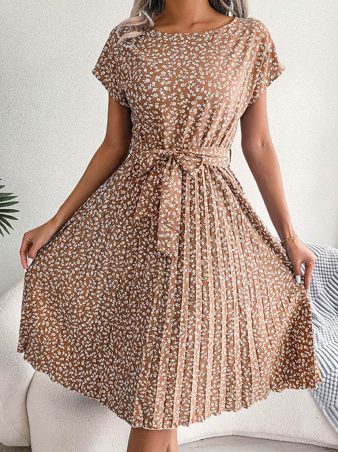 Casual Spring Summer Tie belt Pleated Floral Midi Dress - EX-STOCK Canada