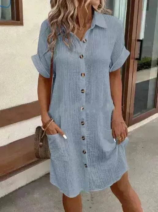 Womens Button Down Shirt Dress Summer Cotton Linen Dress V-Neck Mini Dress Casual Short Sleeve Loose Tunic Dresses - EX-STOCK Canada