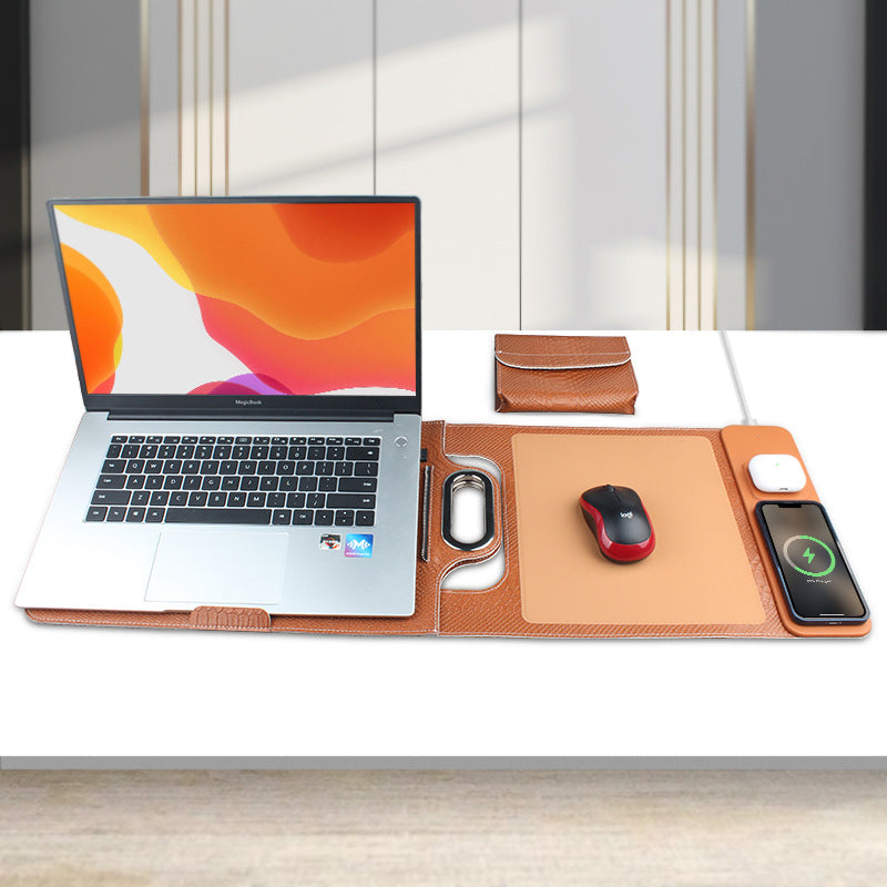 3-in-1 Leather Mouse Pad with Wireless Charger & Earphone Storage – Black, Green, Orange, Purple, Red