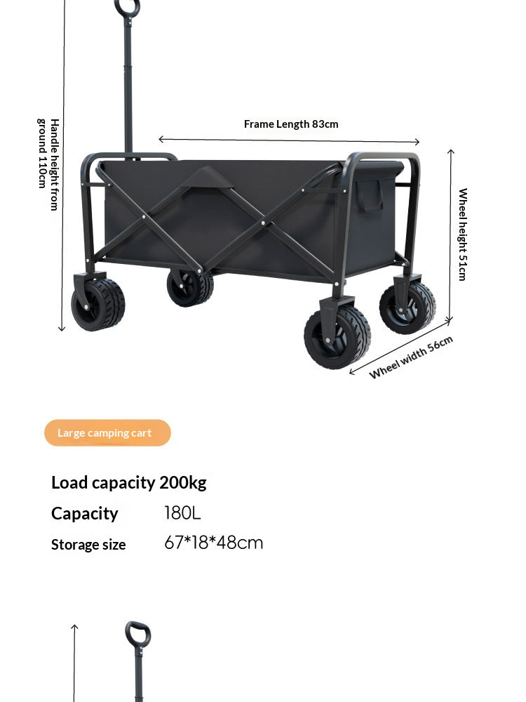 Black folding camping wagon with dimension annotations showing frame length, handle height, wheel height, and wheel width, plus text listing load capacity and storage size.