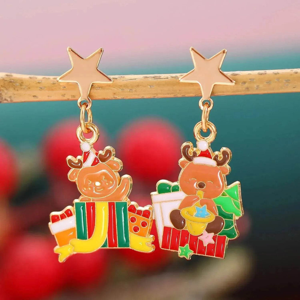 Fashionable Asymmetric Cartoon Dripping Oil Christmas Elk Earrings - EX-STOCK Canada