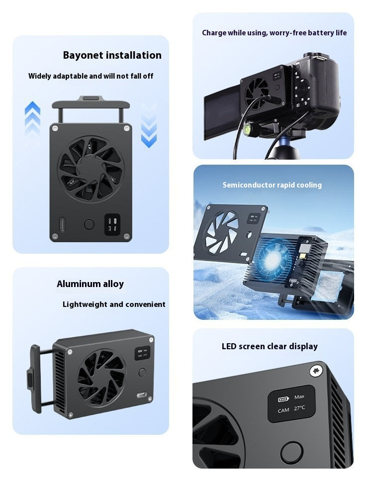 A 5-panel promotional infographic for a black aluminum heat sink cooling fan. The panels show the fan from multiple angles, including one with a bayonet mount, one showing a camera attached, one showing a laptop with a blue cooling effect, and one close-up of the control panel with LED screen display.