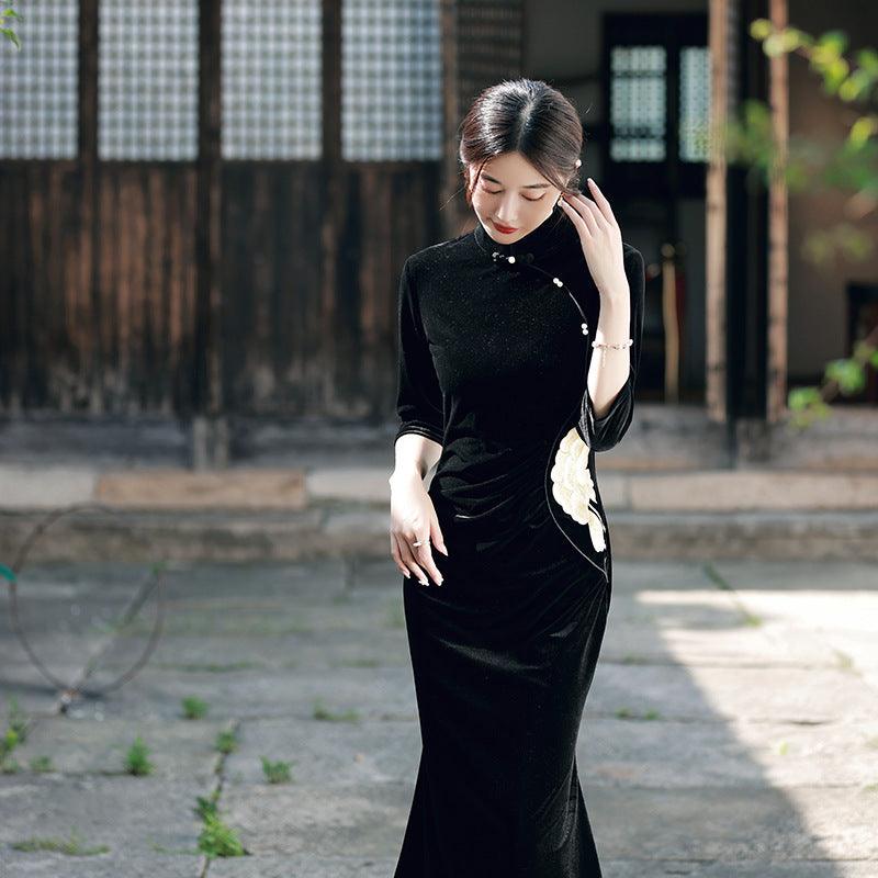 Improved Chinese-style Velvet Embroidered Dress Slim Dress EX-STOCK Canada