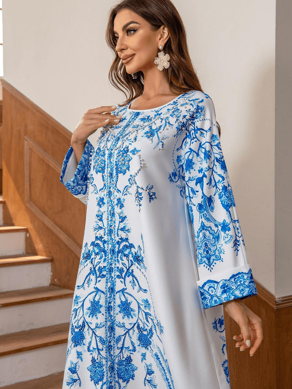 Muslim Robe Diamond Studded Bead Round Neck Dress - EX-STOCK Canada