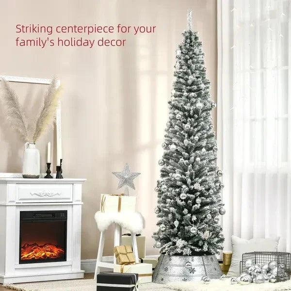 7.5ft Flocked Christmas Tree, Pencil Christmas Tree With Realistic Branch Tips, Folding Metal Stand, Green EX-STOCK Canada