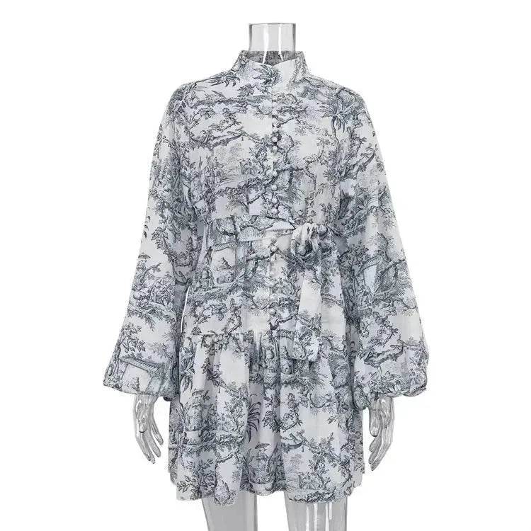 Ink Print Long Sleeve Floral Short Mini Skater Dress With Fashion Puffy Sleeve Lapel Tie A-Line Dress Clothing - EX-STOCK Canada