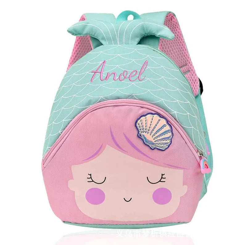 Children's backpack with mermaid design and 'Anwel' branding on a white background