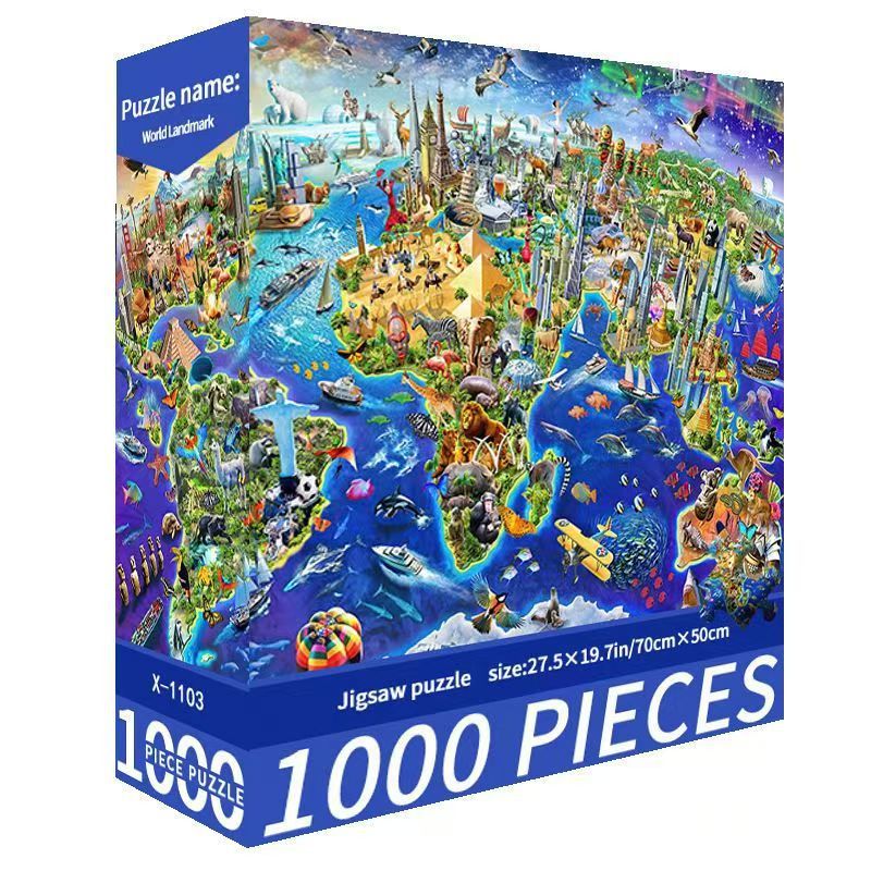 Jigsaw puzzle box with a colorful world map design on the packaging