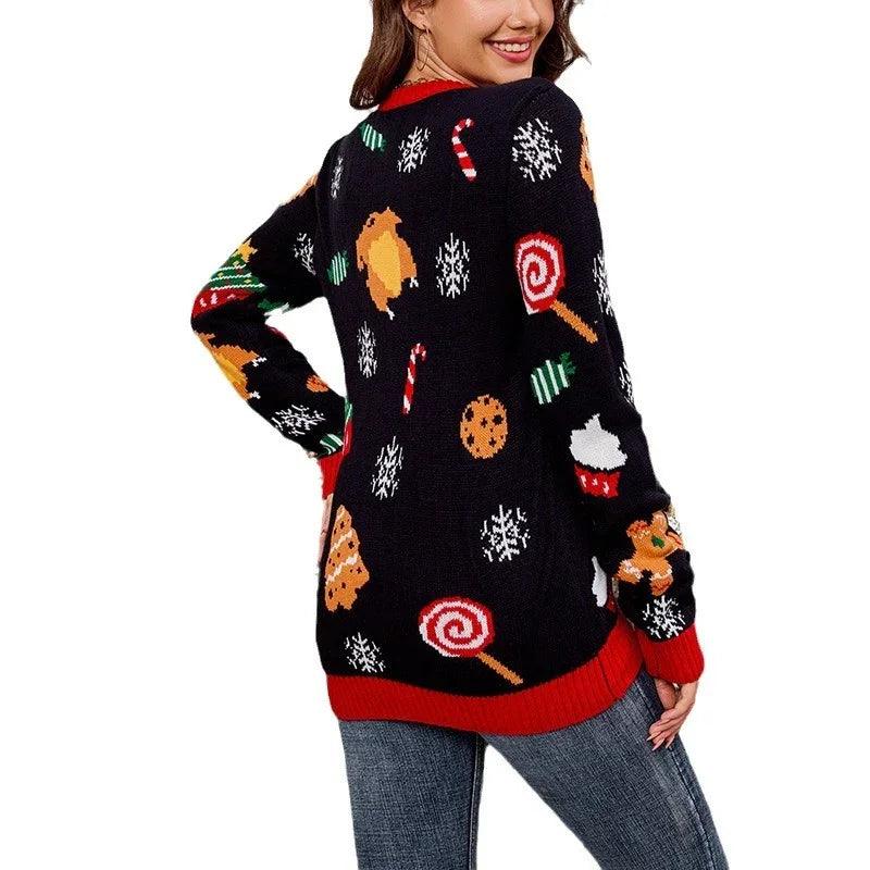 Pull décontracté et ample pour femmes européennes et américaines, style paresseux, jacquard contrasté en forme d'arbre de NoëlEX-STOCK Canada