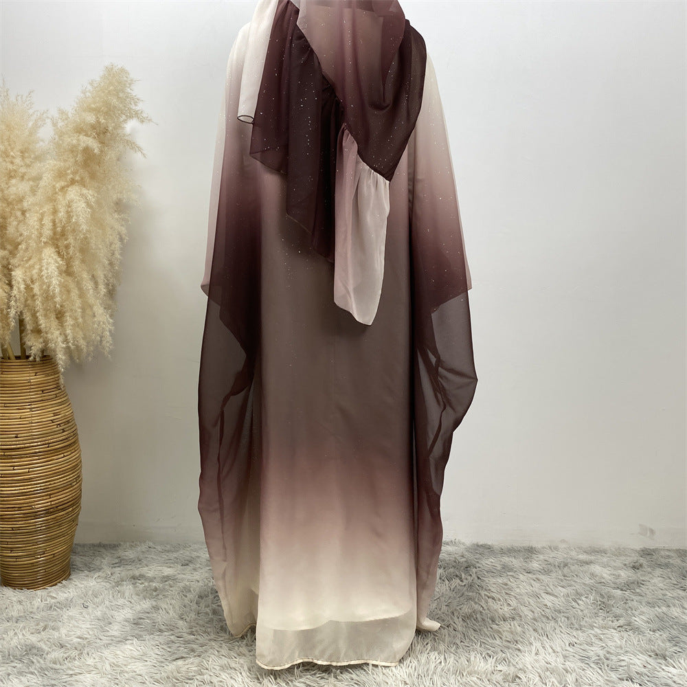 Middle East Muslim Chiffon Cardigan Gradient Batwing Sleeve With Headscarf Suit - EX-STOCK Canada