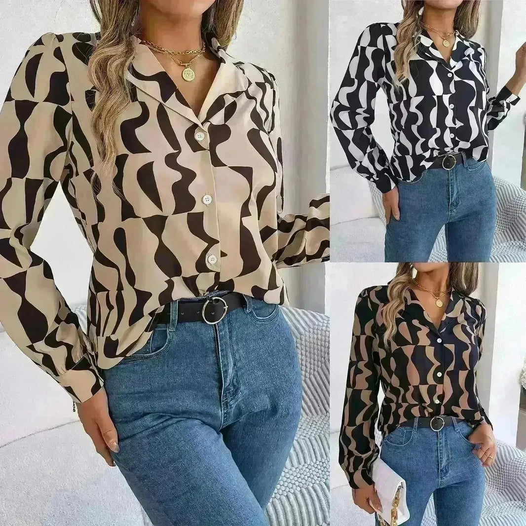 Commuting Elegant Contrast Color Striped Suit Collar Long Sleeve Shirt Formal Top for Women Office Wear Top - EX-STOCK CANADA