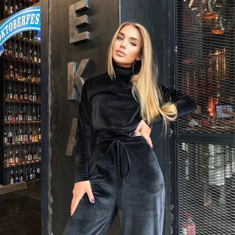 Silver Fox Velvet Turtleneck Long Sleeve Top Drawstring Trousers Suit EX-STOCK Canada