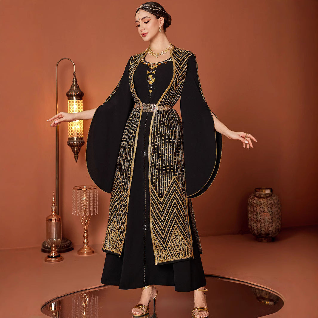 Arabic Vintage Gold Embroidered Black Fake Two Pieces Robe - EX-STOCK Canada