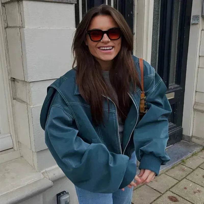 Oversized Fashion Zip-up Lapel Leather Jacket for women - EX-STOCK Canada