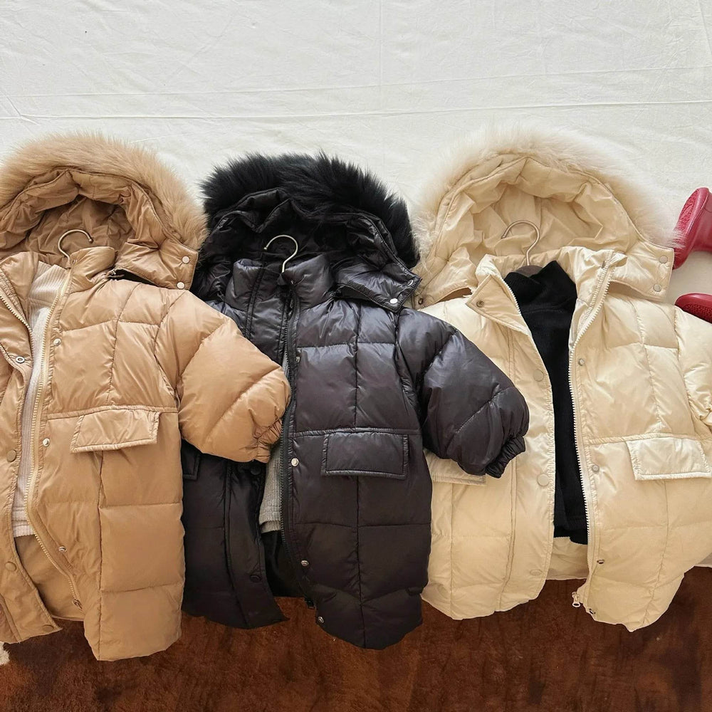 Solid Color Fur Collar Down Jacket Baby Long Section - EX-STOCK Canada