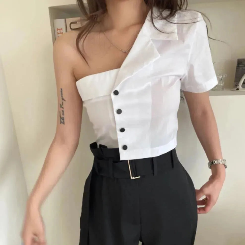 Summer Fashionable Irregular One-shoulder Design Single-breasted blouse Shirt For Women - EX-STOCK CANADA
