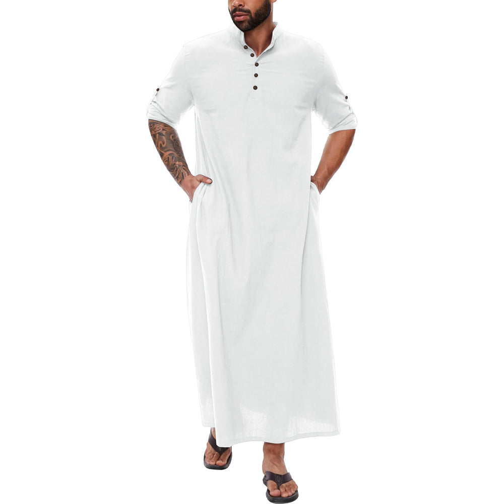 Robe longue pour hommes en coton et lin à col montant, thobe traditionnel musulman EX-STOCK Canada