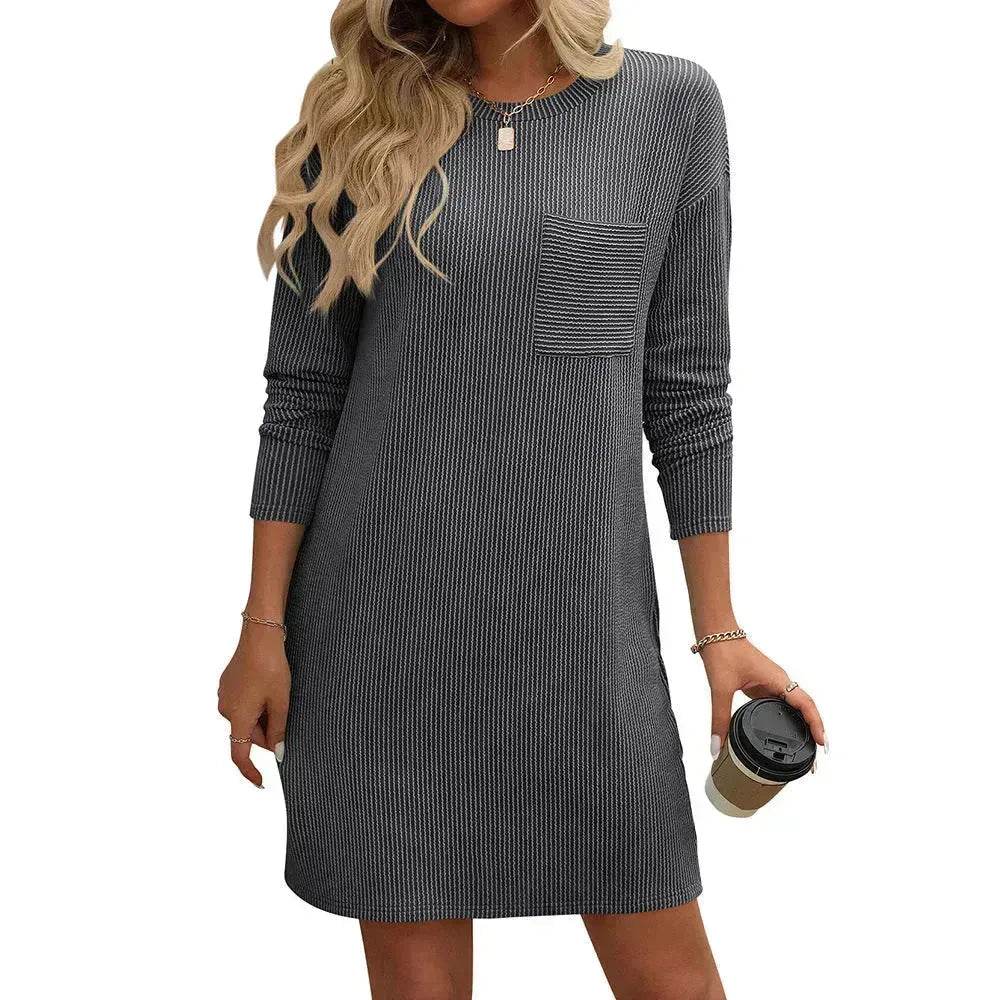 Casual New Solid Color Striped With Pockets Long Sleeve Loose Mini Dress Fashion Round Neck Straight Dress Women's Clothing - EX-STOCK Canada