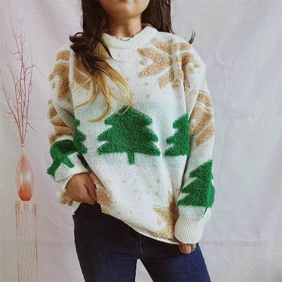 Women's Fashion Christmas Tree Jacquard Round Neck Long Sleeve Pullover Sweater top - EX-STOCK Canada