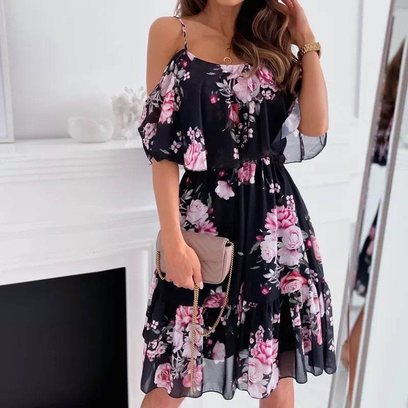 Flower Printed Ruffled Suspender Dress Summer Off-the-shoulder Strap Dresses Women - EX-STOCK Canada