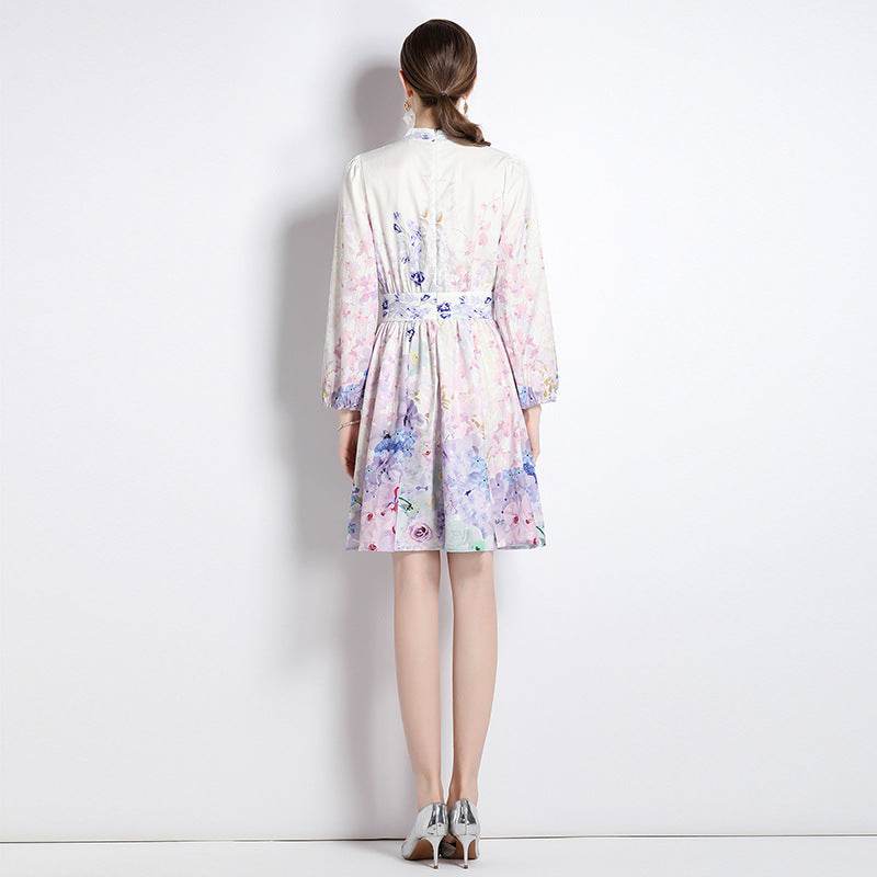 Elegant V-neck Vintage Floral Print Long Sleeves Dress Spring - EX-STOCK Canada