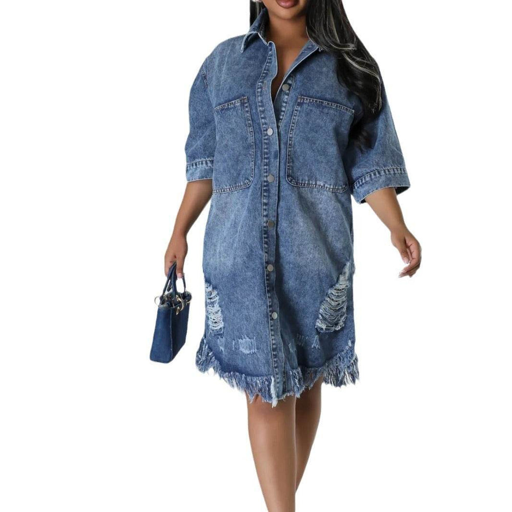 Women's Fashion 3/4 sleeve Mid Length loose Denim Jeans Dress - EX-STOCK Canada