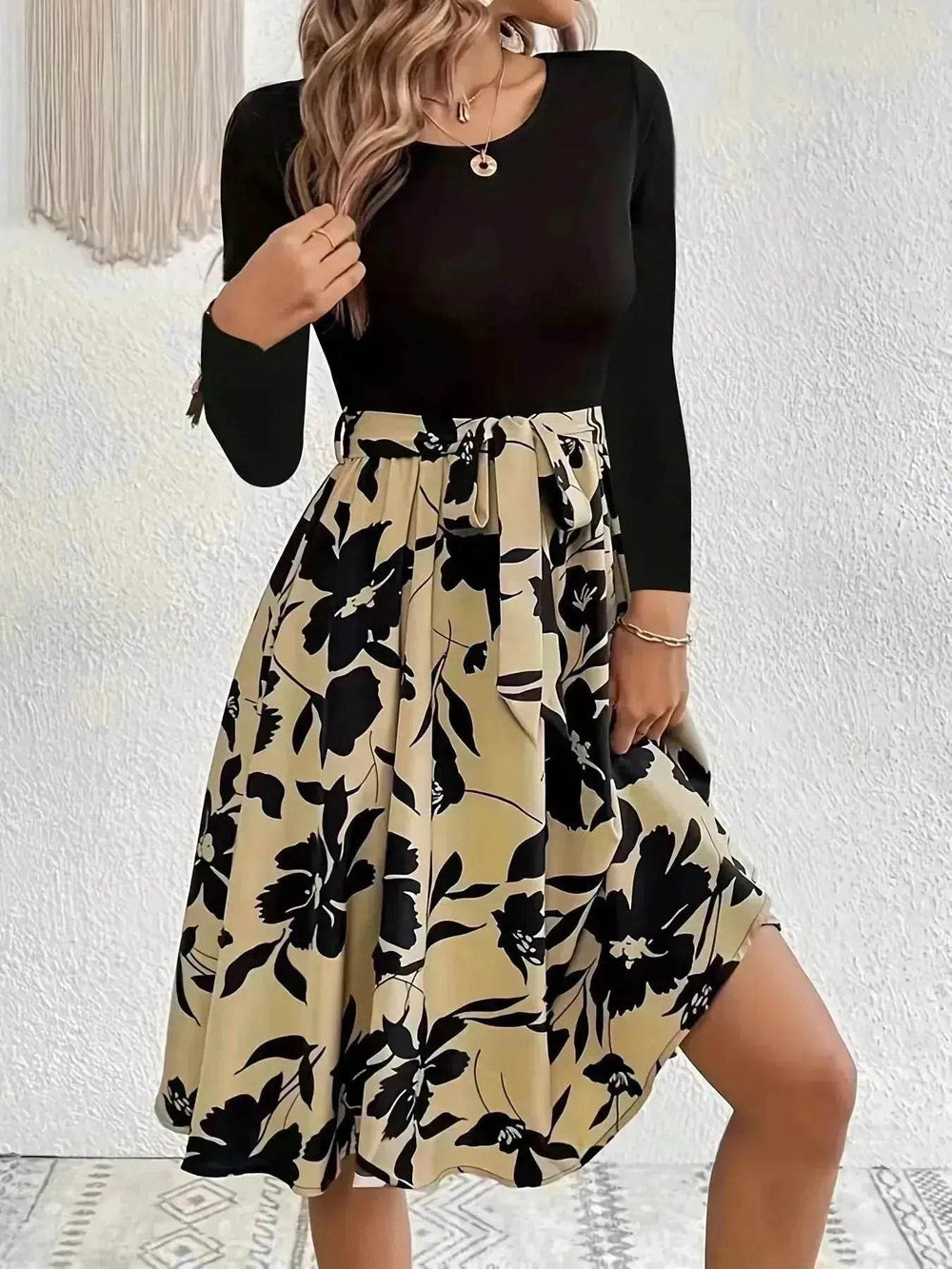 Floral Print Long Sleeve Skirt - Round Neck Flared Dress - EX-STOCK Canada