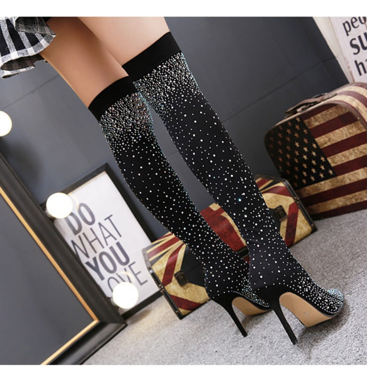 Bottes cuissardes à talons aiguilles pour femmes – Bout pointu, chaussette en mesh scintillant, talons hauts au-dessus du genou