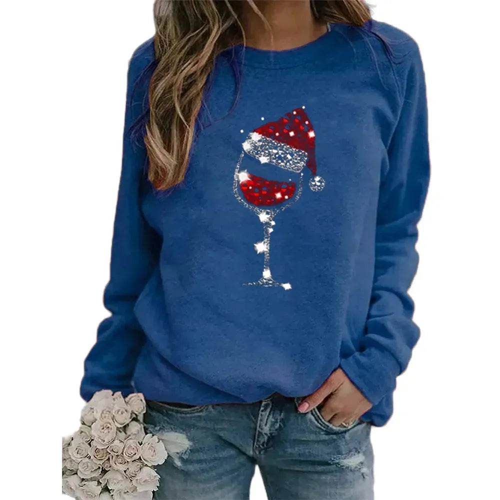 Clothing Christmas Women's Sweater Christmas Hat Red Wine Glass Graphic Print Crew Neck Long-sleeved Sweater - EX-STOCK Canada