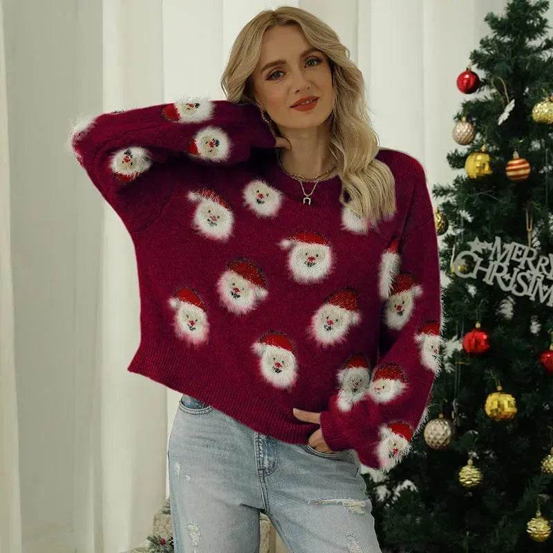 Christmas Sweater Women Cute Cartoon Santa Print Knit Sweater Winter Tops - EX-STOCK Canada