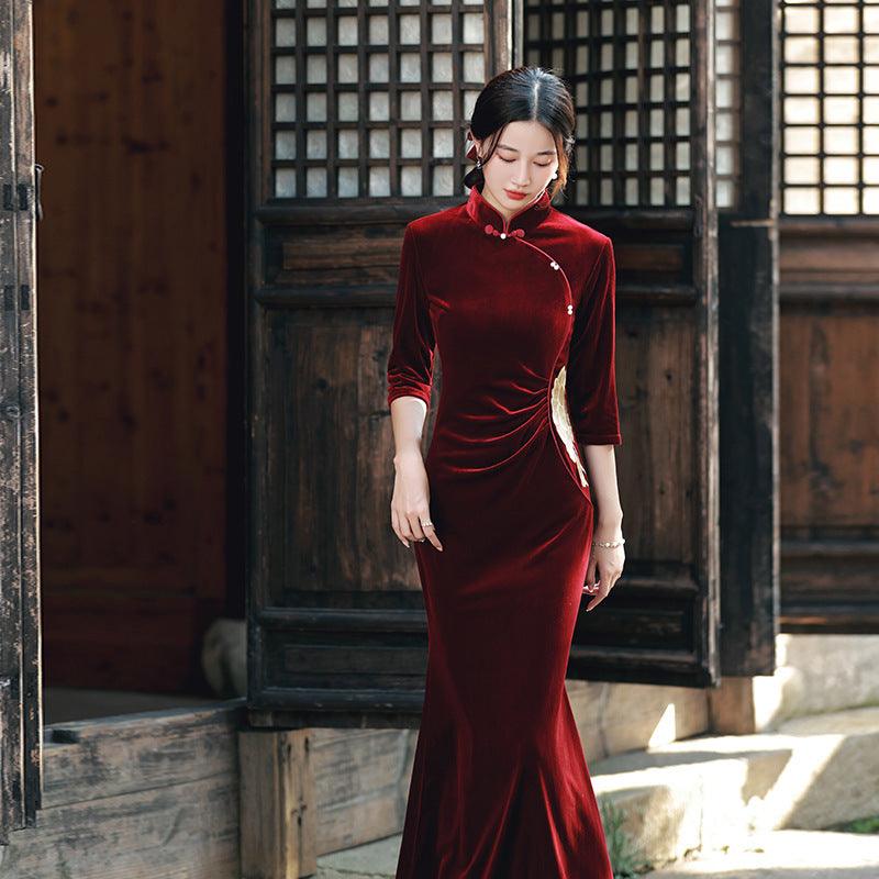 Improved Chinese-style Velvet Embroidered Dress Slim Dress EX-STOCK Canada