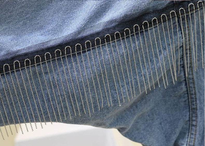 Elegant Women Heavy-duty Diamond-studded Tassel fringe Denim Jacket - EX-STOCK Canada