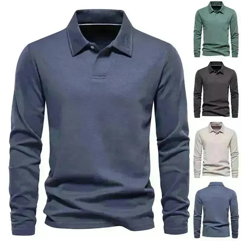 Fashion Plain Lapel Long-sleeved Polo Shirt Men's Casual Autumn Polo sweatshirt - EX-STOCK CANADA
