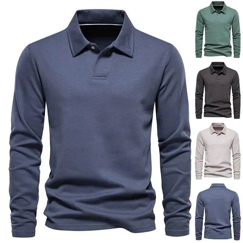 Fashion Plain Lapel Long-sleeved Polo Shirt Men's Casual Autumn Polo sweatshirt - EX-STOCK Canada