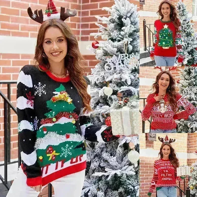 Women's Christmas Sweater Reindeer Xmas Snowflake Christmas Tree Patterns Knitted Sweater Long Sleeve Elk Letter Printed Pullover - EX-STOCK CANADA