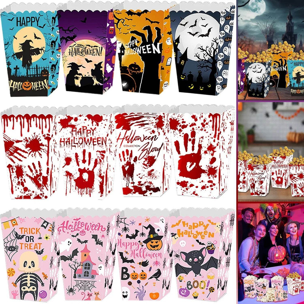 12Pcs Halloween Popcorn Box 3 Style Trick Or Treating Snack Treat Box Bloodstain Ghost Castle Bat Pattern Candy Cookie Container For Halloween Party Supplies - EX-STOCK Canada
