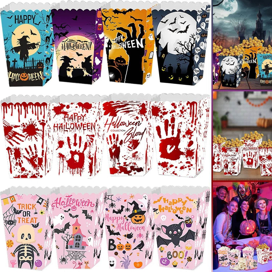 12Pcs Halloween Popcorn Box 3 Style Trick Or Treating Snack Treat Box Bloodstain Ghost Castle Bat Pattern Candy Cookie Container For Halloween Party Supplies - EX-STOCK Canada