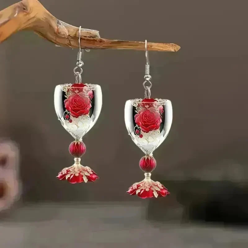Valentine's Day Rose Wine Glass Acrylic Earrings - EX-STOCK CANADA