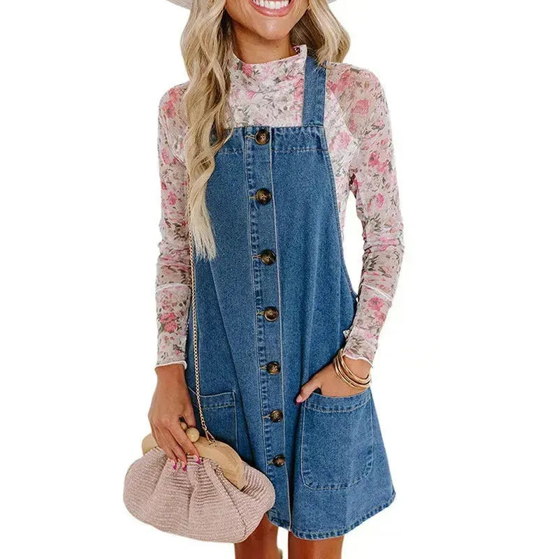 Loose Mini Denim Brace Jeans Jumper Dress - EX-STOCK CANADA